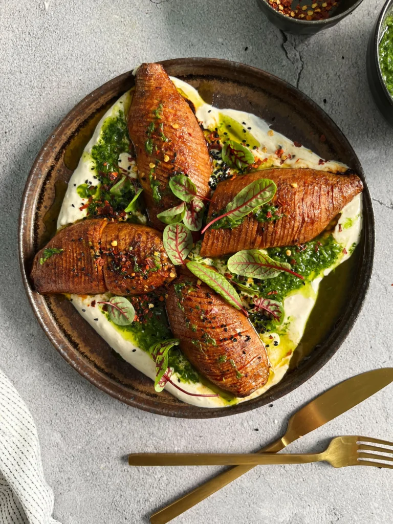 Hasselback Sweet Potatoes with Green Yogurt Sauce