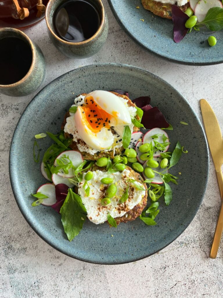 Zuchini Pancakes with Ricotta Cheese and Poached Eggs
